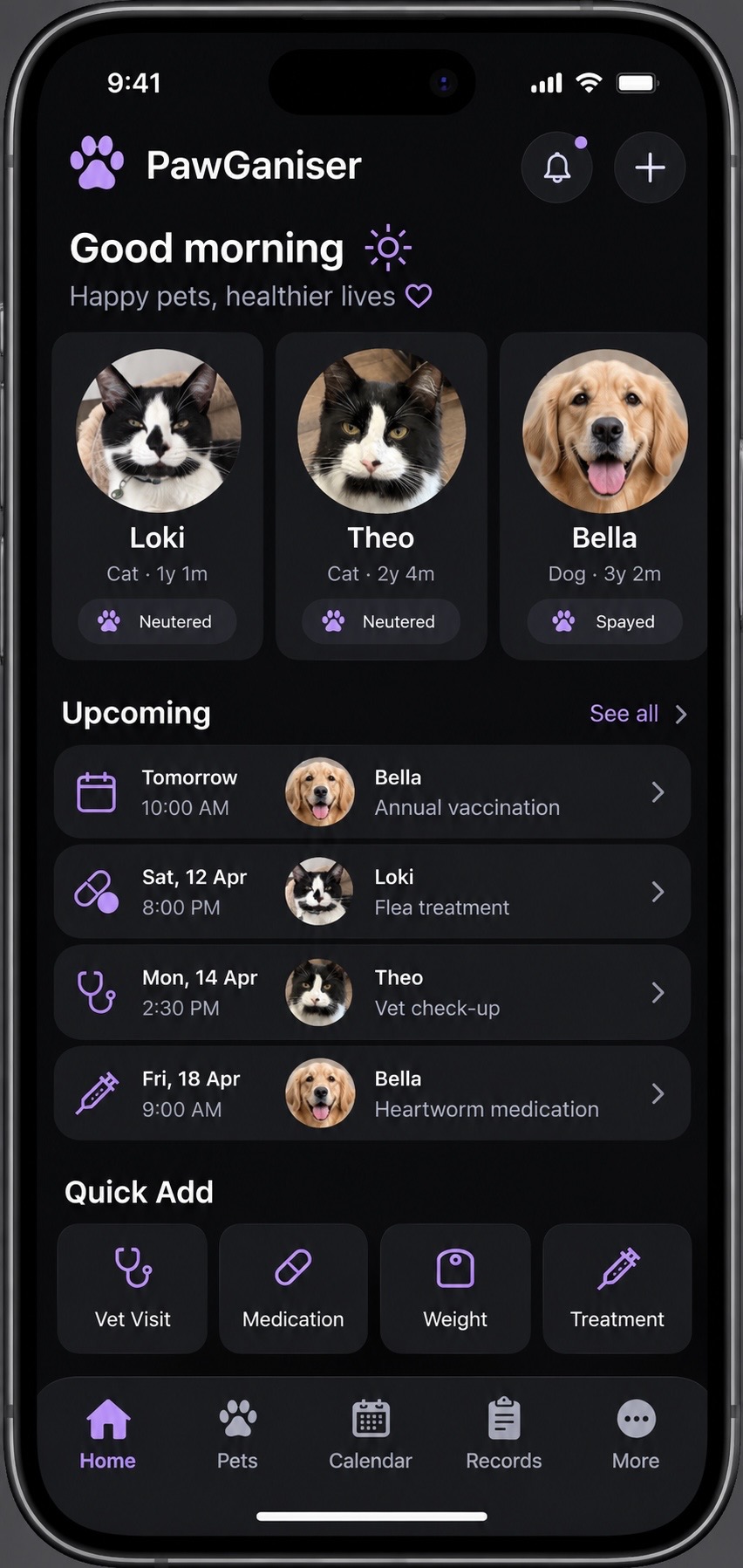 PawGaniser showing pet profiles, upcoming care and quick-add tools